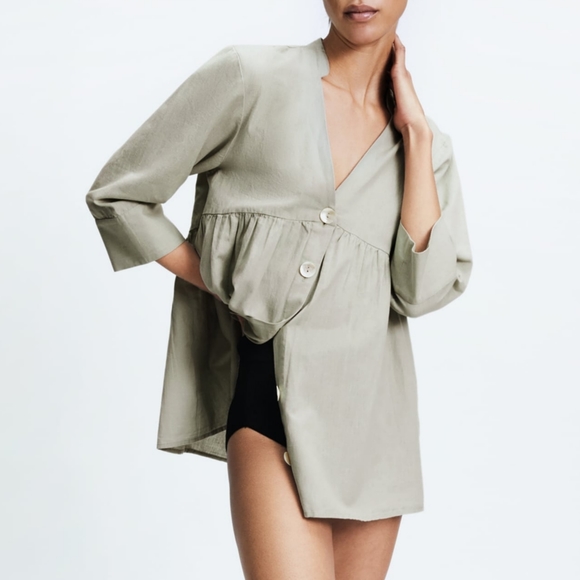 Zara Tops - Zara Olive Green V Neck Linen Button Front Oversized Tunic Blouse